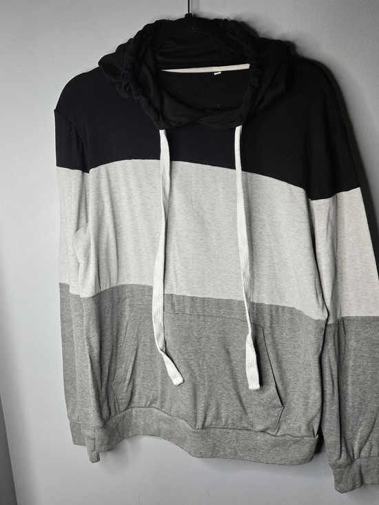 Tops - Women’s Large Fleece Lined Colorblock Pullover Hoodie Black Gray Kangaroo Pocket